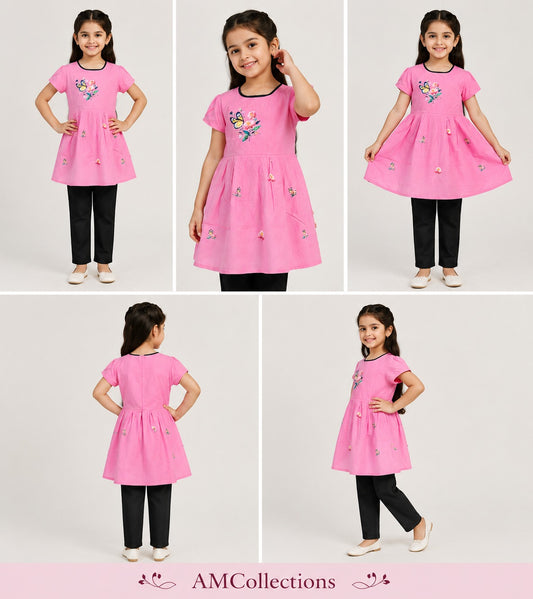 Collage of a girl wearing a pink dress with black pants, shown from multiple angles on a white background.