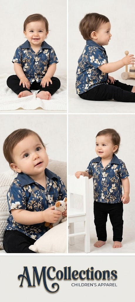 Collage of a child wearing a navy floral shirt and black pants with AM Collections branding.