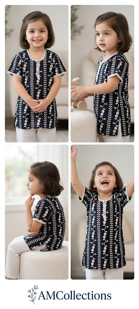 Collage of a young girl wearing a black and white patterned shirt, with AM Collections branding.