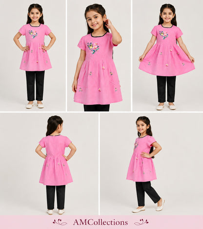 Collage of a girl wearing a pink dress with black pants, shown from multiple angles on a white background.