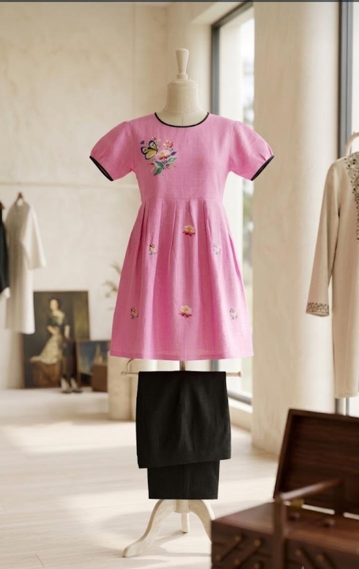 Pink dress with black trim on a mannequin in a room with light-colored walls and wooden furniture.