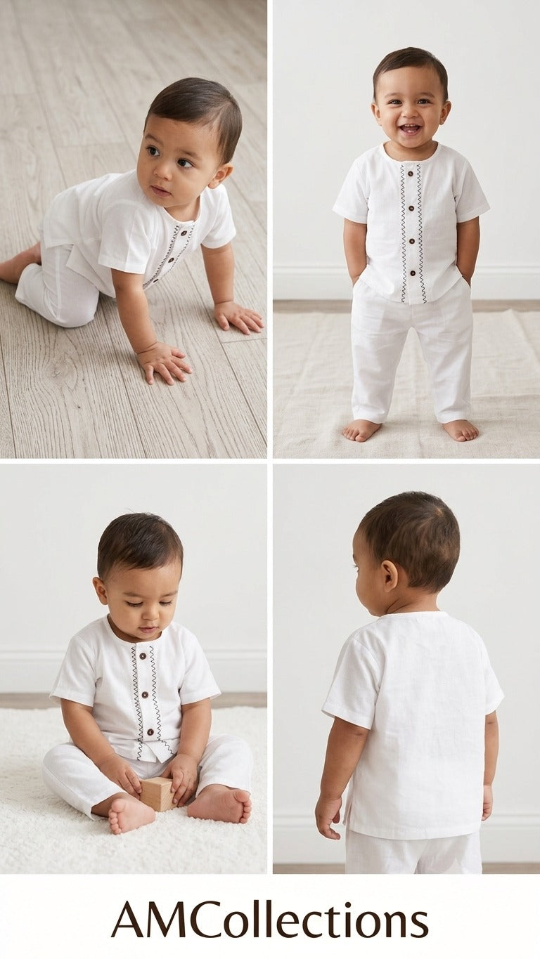 Collage of a baby in white outfit with buttons, showing different poses on a light wooden floor.
