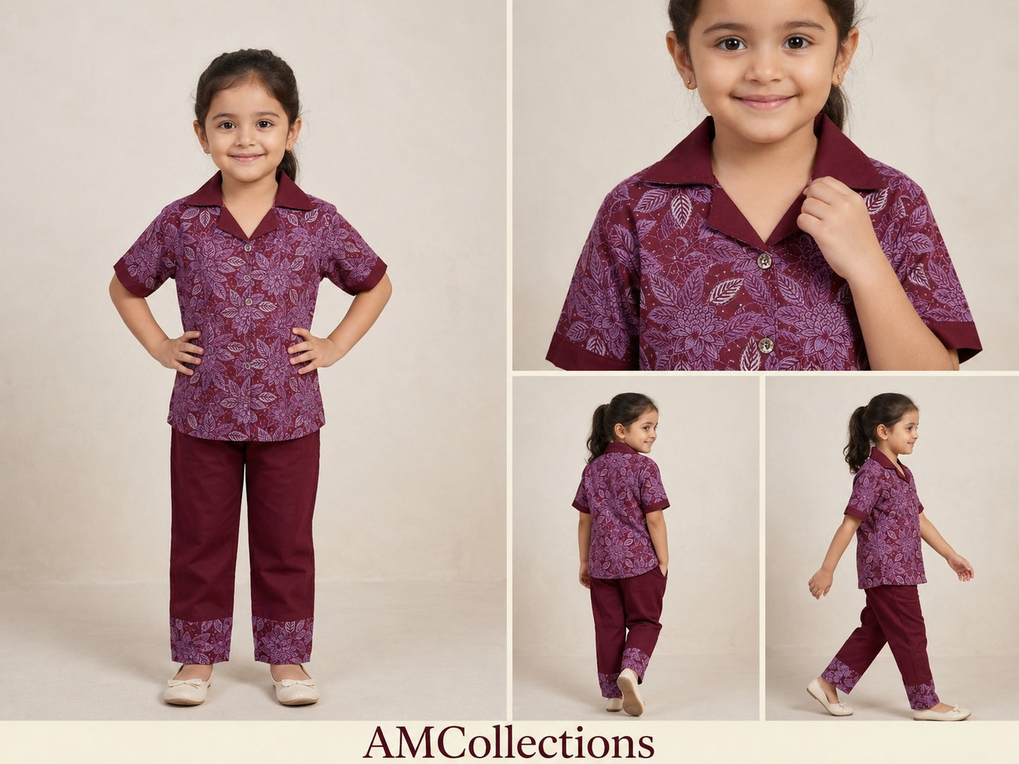 Collage of a young girl wearing a maroon traditional outfit with paisley patterns, posing against a beige background.