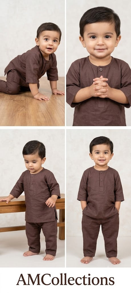 Collage of a young child in brown clothing against different backgrounds with 'AM.Collections' branding.