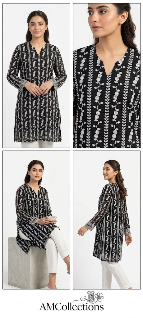 Woman wearing a black and white patterned kurta in various poses with AM Collections branding.
